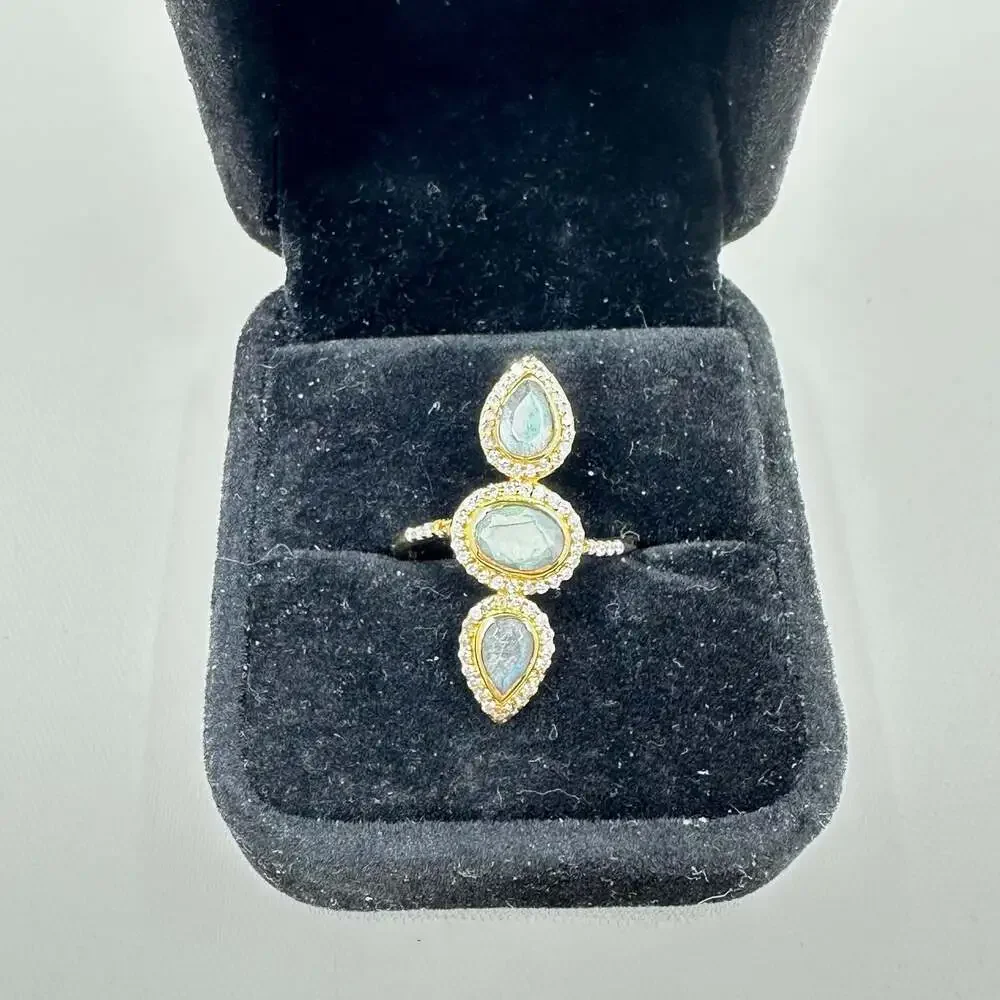 925 Gold Vermeil Labradorite 3-Stone Statement Ring Size 8.5